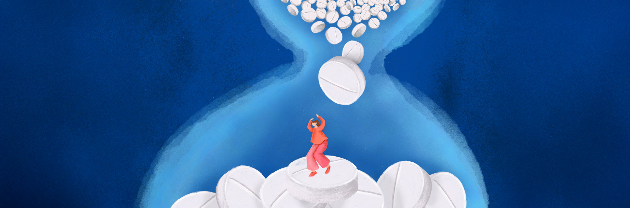 1-Illustration An illustrated image depicting a woman with oversized pills and an hourglass