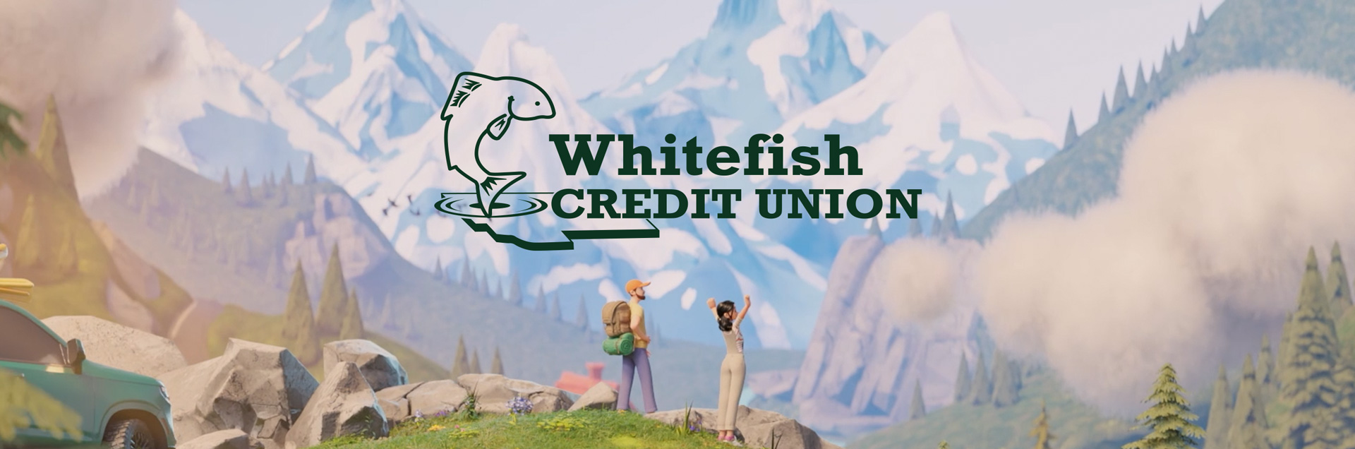A still image from the animated advertising campaign depicting two people standing on a scenic mountainside outlook with logo on screen: Whitefish Credit Union
