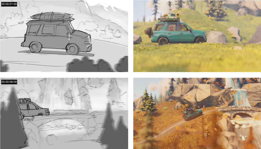 An image depicting still frames of animated video spot from their hand drawn state to their final renderings