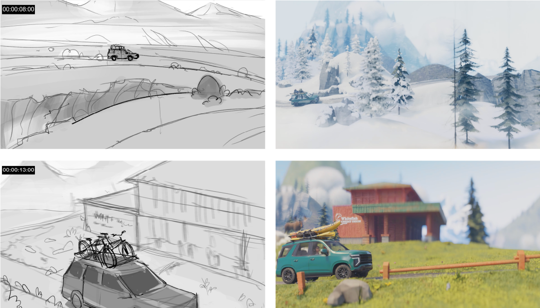 An image depicting still frames of animated video spot from their hand drawn state to their final renderings