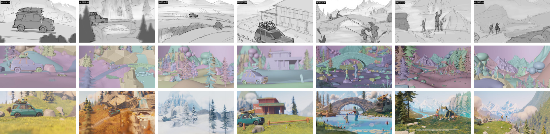 An image depicting still frames of animated video spot from their hand drawn state to their final renderings