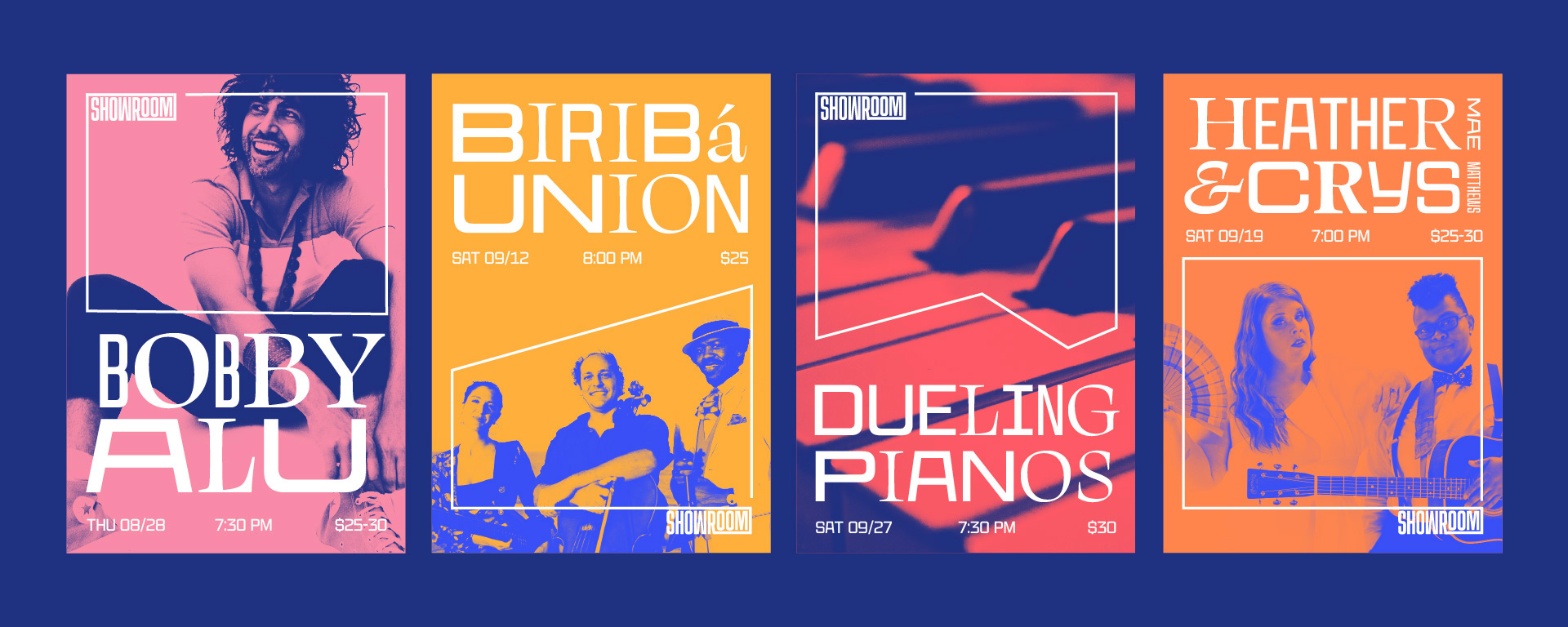 Four posters made to promote events at Showroom