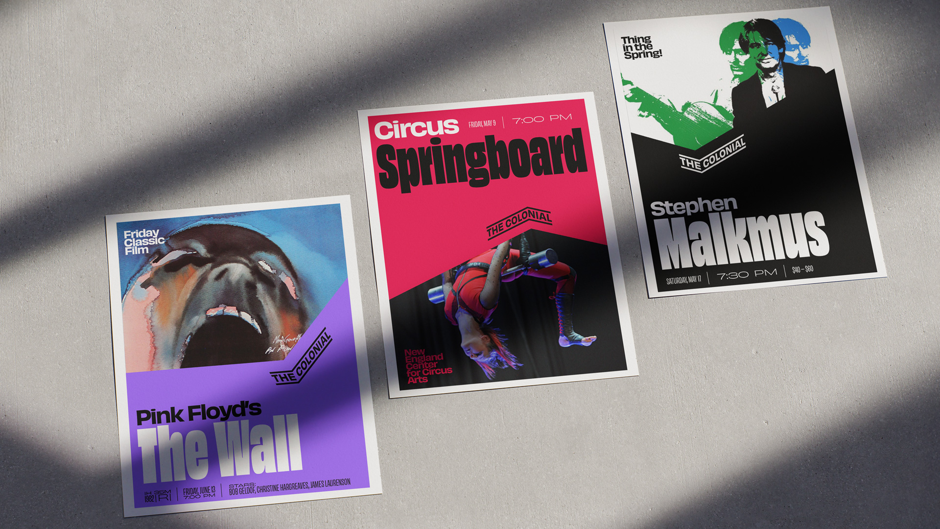 Three posters made to promote events at the Colonial Theatre